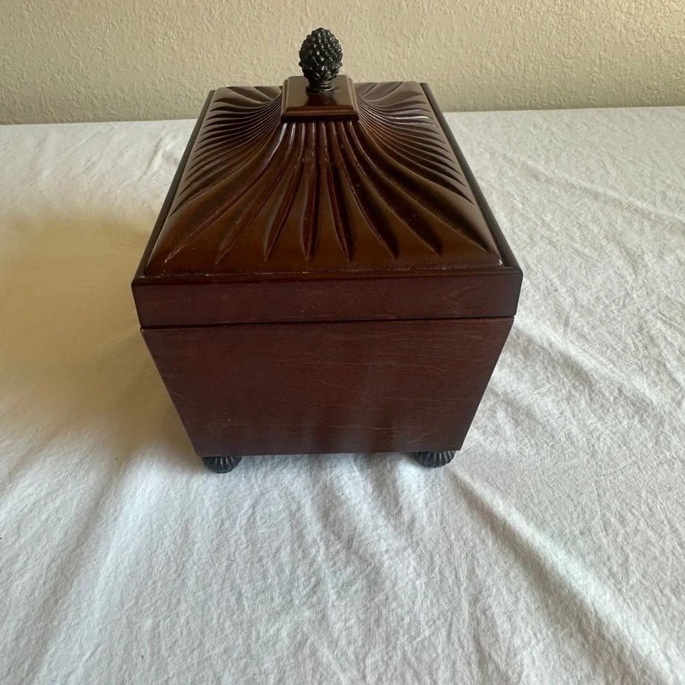 Bombay Outlet Wooden Jewelry Box Pinecone Finial Fluted Lid Velvet Lined Brown